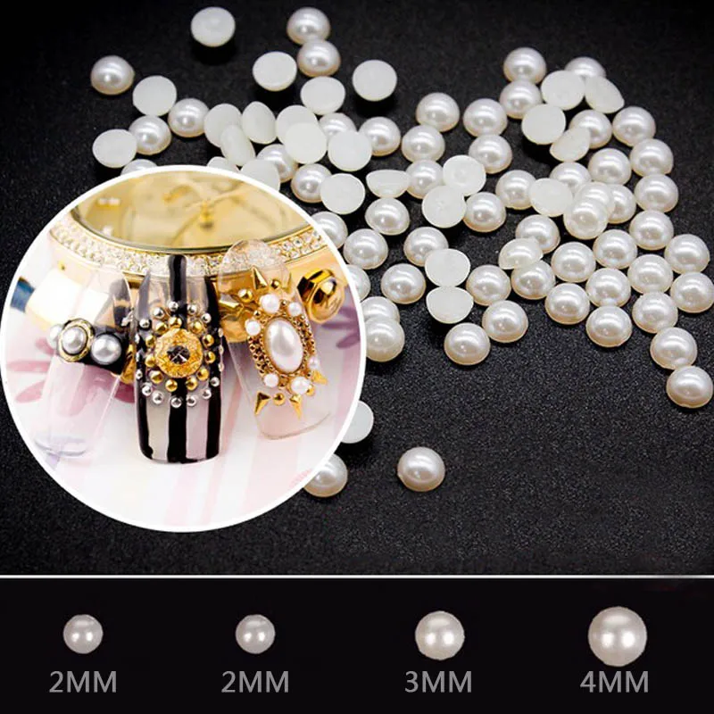 2MM/3MM/4MM DIY White plastic semicircle flat pearl nail art decoration accessories Manicure makeup tools