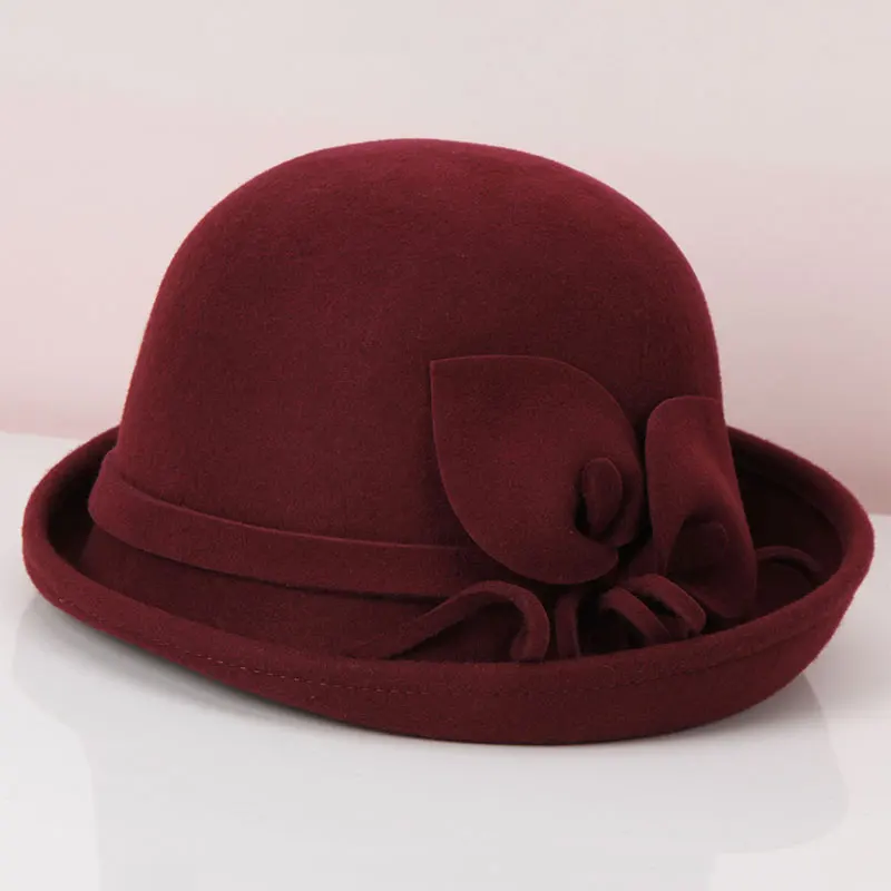 Lady Fedoras Hat Female Woolen Dome Cap Autumn and Winter English Elegant Wool Basin Hats Flower Leisure Joker Hat Adjust B8962