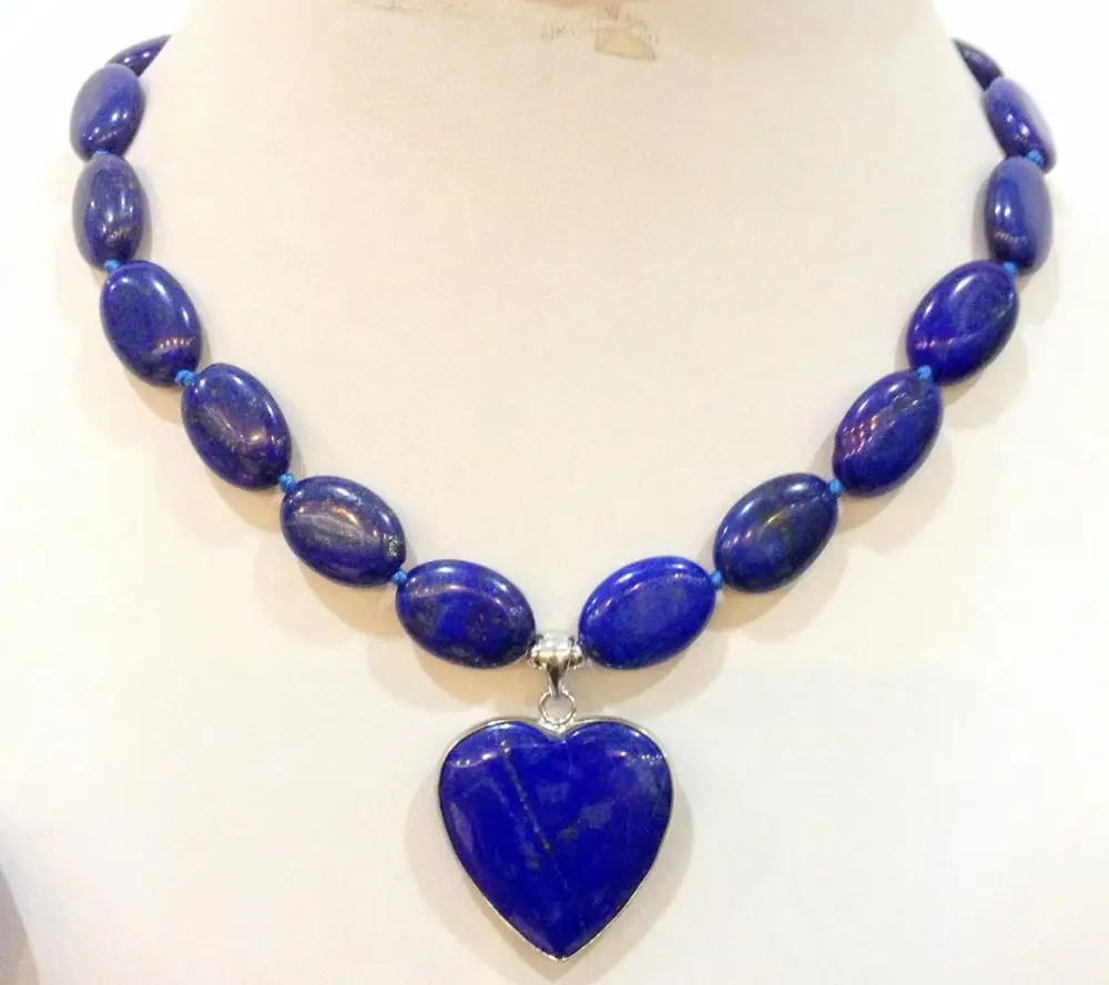 Natural 13x18mm lapis lazuli stone oval & love pendant necklace 18 