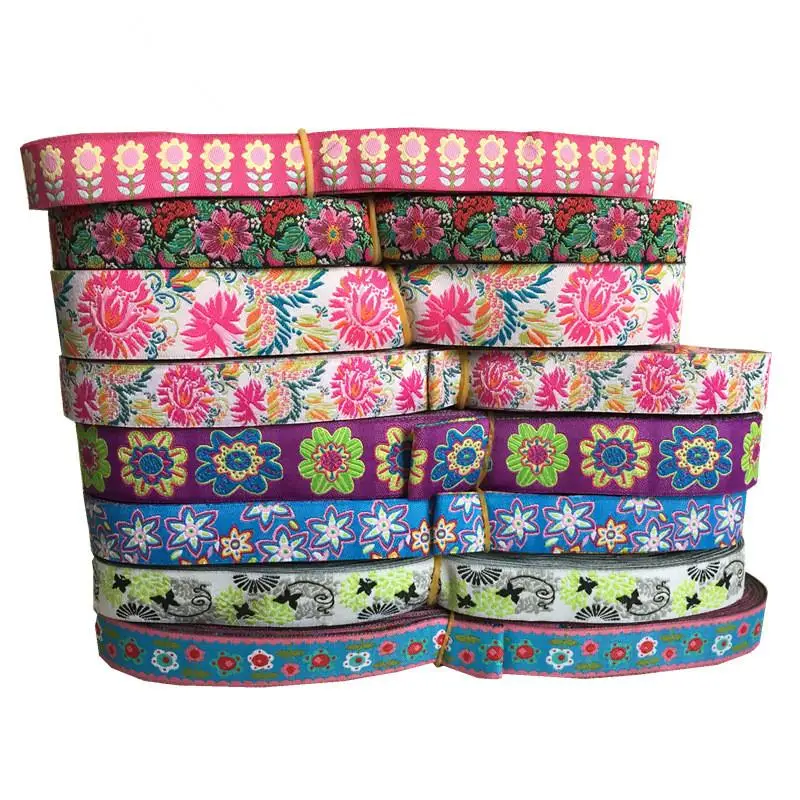5/8 \'(16 mmx5yards) Plum Blossoms Tulips Roses Woven Polyester Jacquard Ribbon dog chain accessories with Agility For Dog Collar