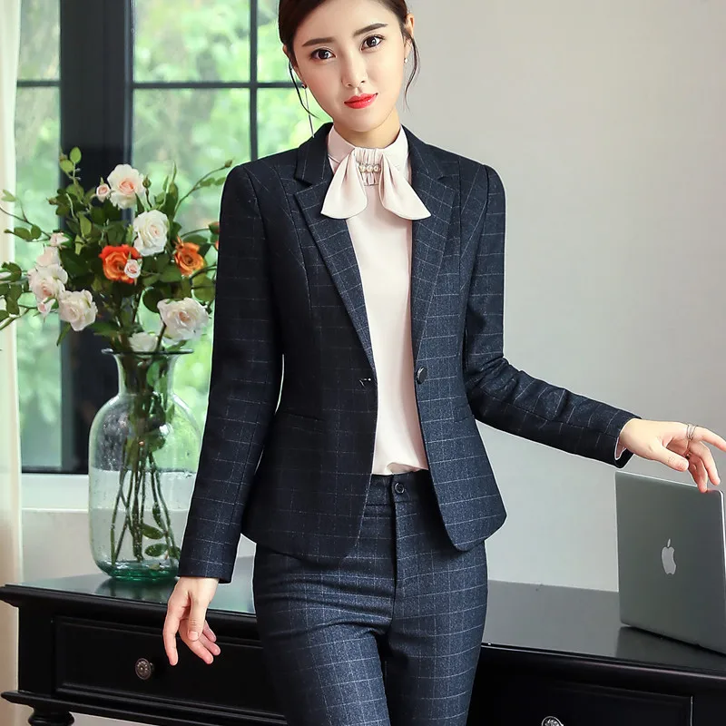 Naviu New Fashion Paid Pants Suit Women Business Interview Long Sleeve Blazer and Trousers Office Ladies Uniform Work Wear