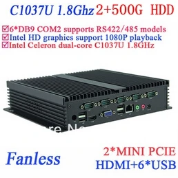 ใช้ในอุตสาหกรรมfanless IPCมินิพีซีINTEL Celeron C1037u 1.8กิกะเฮิร์ตซ์6 * COM VGA HDMI RJ45 usb w indowsหรือLinux 2กรัมRAM 500กรัมHDD