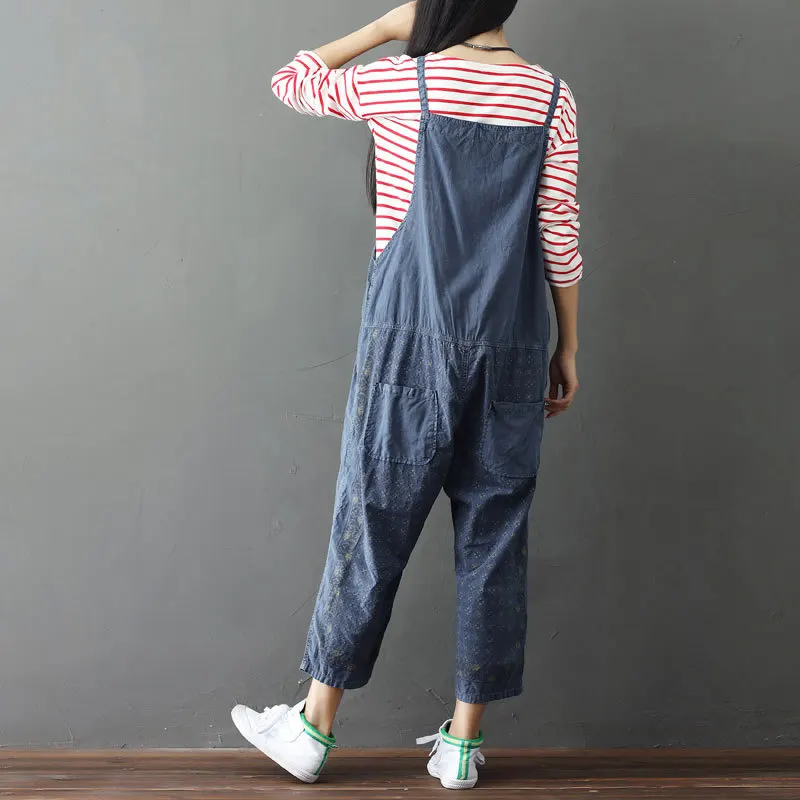 Vrouwen Gedrukt Loose Enkellange Jumpsuits dames Casual Retro Vintage gewassen Patroon Overalls Vrouw Rompertjes Broek broek