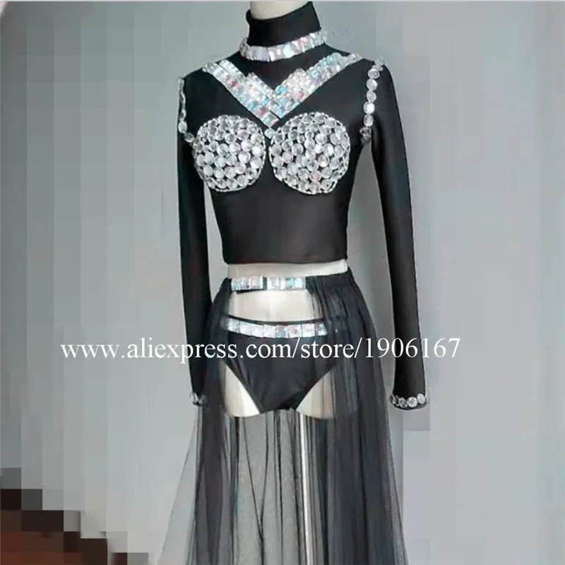 Singer Ballroom Dance Stage Silver Mirror Costumes Female Bodysuit DJ Dresses Catwalk Performance Rhinestone Outfits Party Wears