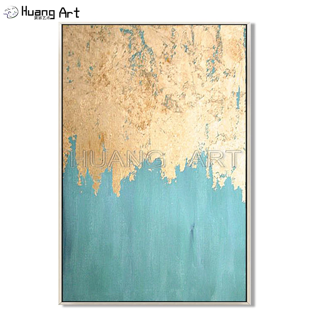 Fashion Art Picture Hand-painted Gold and Blue Colors Abstract Oil Painting on Canvas Gold foil Abstract Oil Painting for Decor