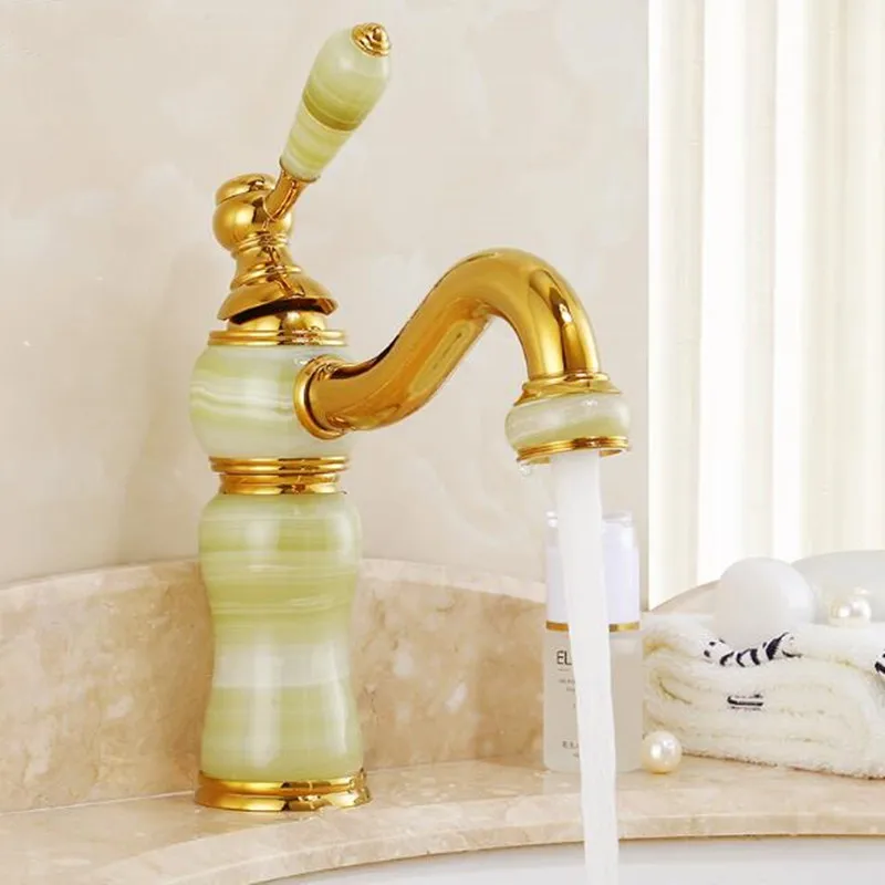 

European style pure copper natural jade Gold bathroom faucet antique marble bathroom basin hot and cold faucet