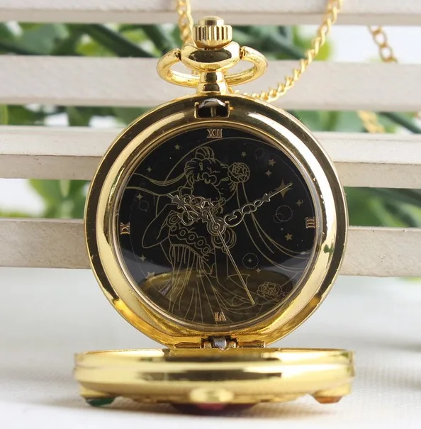 Wholesale 50 PCS/lot Golden Sailor Moon Theme Necklace Pendant Quartz Pocket Watch With Necklace Chain Girl Gift