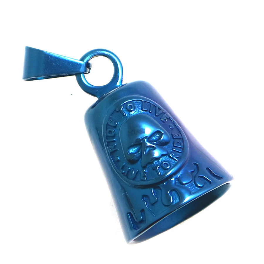 Cool Blue Jingle Bell 316L Stainlesss Steel Blue Ghost Rider Flaming RIDE TO LIVE-LIVE TO RIDE Seketon Pendant