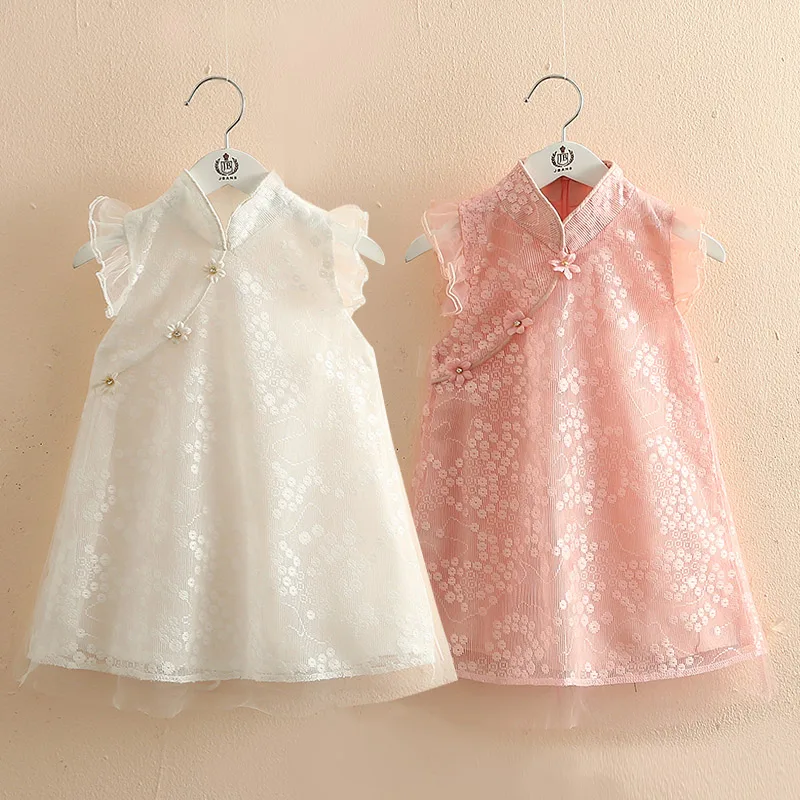

2021 Summer 2-6 7 8 10Years Chinese Style Crew Neck Fly Sleeve Party Baby Mesh Princess Chiffon Cheongsam Kids Dresses For Girls