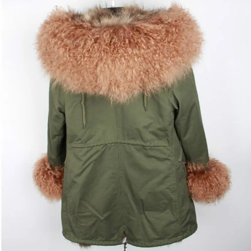 2022 new Women real bunny fur lined park with cotton black fur coat natural fur fur collar winter jacket