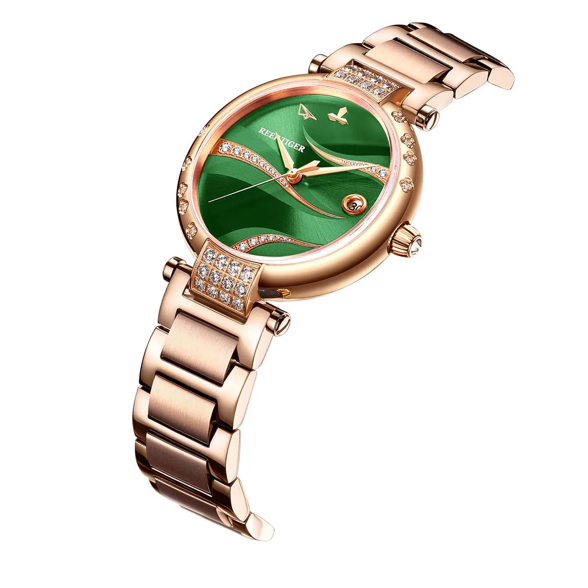 Reef Tiger/RT Women Sapphire Crystal Watches Green Dial Rose Gold Calendar Stainless Steel Automatic Diamond Dress Watch RGA1589