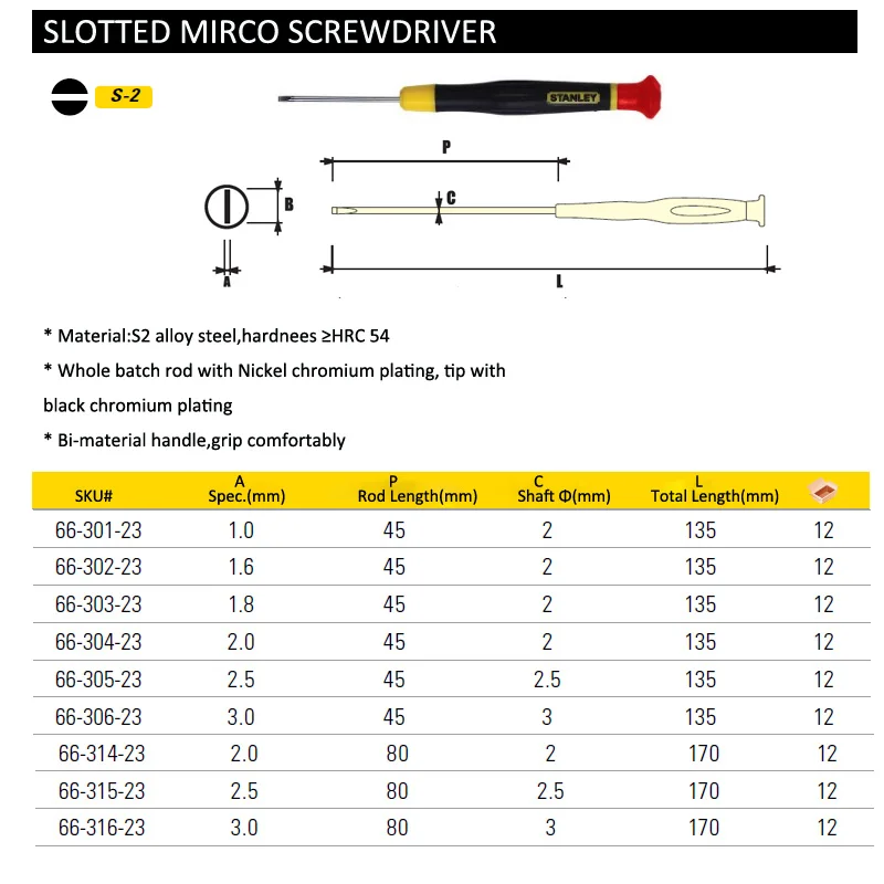 Stanley 1-piece precision flat end micro slotted screwdriver mini 1.0mm 1.6mm 1.8mm 2.0mm 2.5mm 3mm screwdrivers opening tools