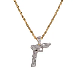 Hip Hop Micro Paved AAA Cubic Zirconia Bling Ice Out Automatic pistol Gun Pendants Necklaces for Men Rapper Jewelry Gold Color