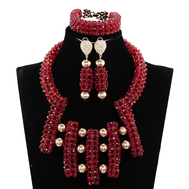 

Trendy African Chunky Jewelry Sets Fantastic Burgundy Wine Bib Beads New Bridal Statement Crystal Necklace Set for Women ABH572