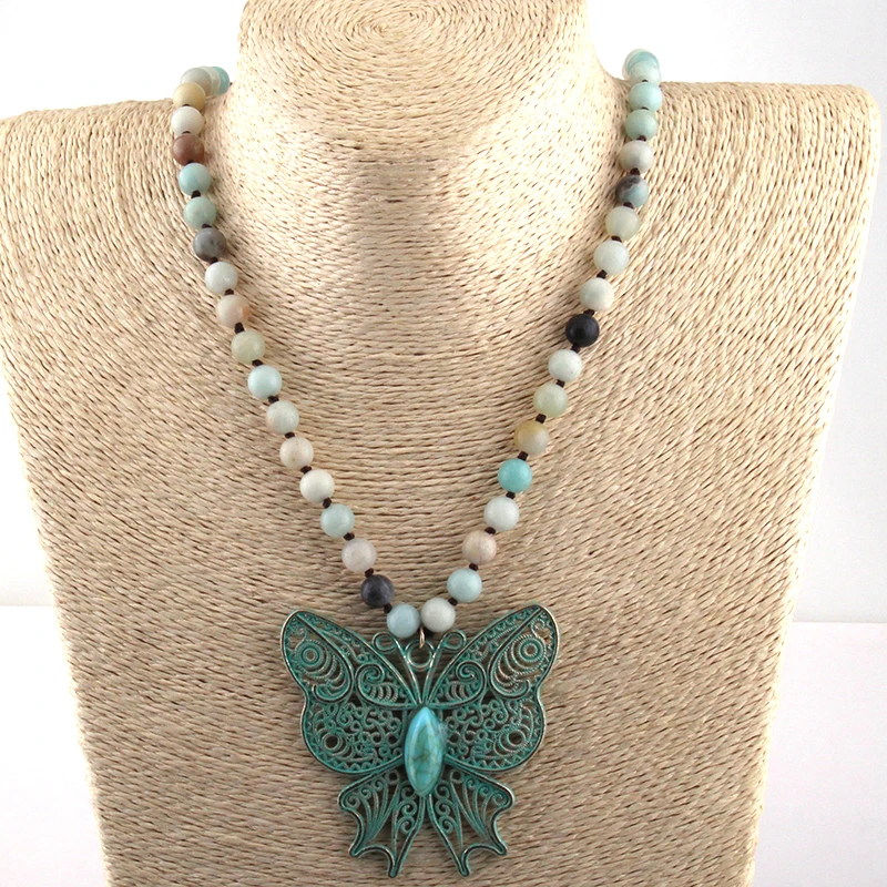 Fashion Bohemian Jewelry Amazonite Stone Beads  Long Knotted Butterfly Pendant Necklace For Women Ethnic Necklace