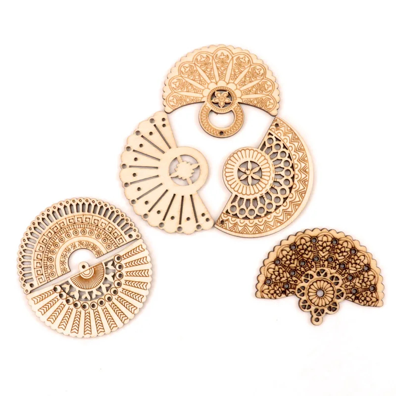 Handmade Wooden Crafts Home Decoration Scrapbooks Jewelry Make Earrings DIY Mix Chinese Style Retro Fan Wood Ornaments 65mm 6pcs