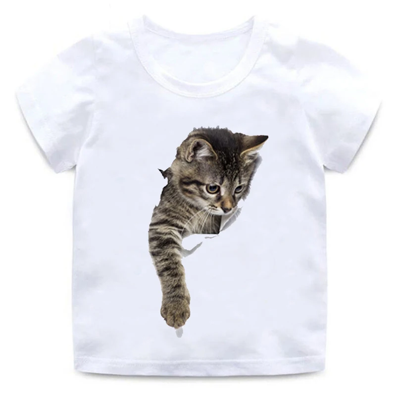 Children's Funny 3d Cat T-shirt Boy Girl Animal Short-sleeved Round Neck Cotton Soft T-shirt Quality White Casual T-shirt