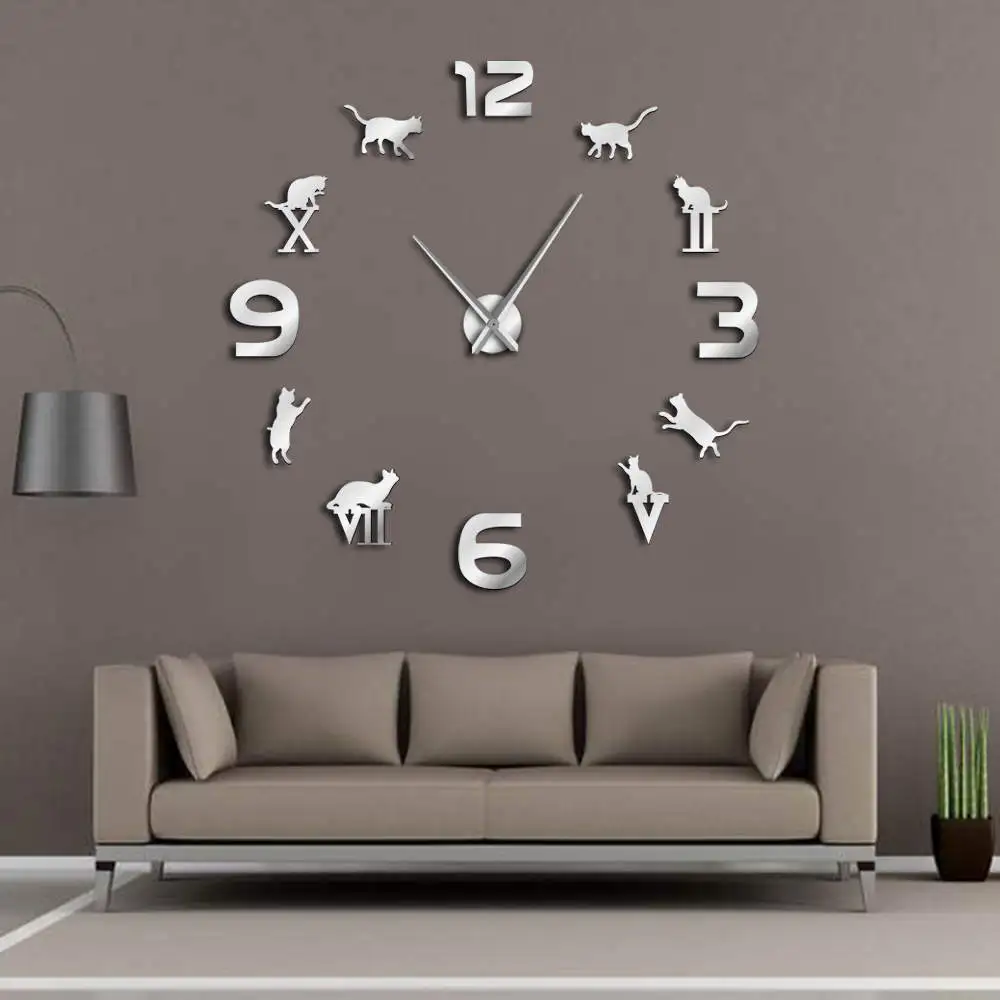 Roman Arabic Numerals Mixed DIY Large Wall Clock Kitty Cat Silhouette Wall Art Giant Wall Watch Modern Design Home Decor Clock