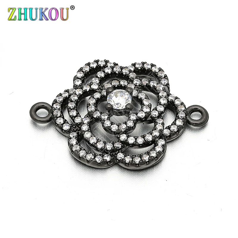 18*25mm Brass Cubic Zirconia Crystal Flower Charms Connectors for Diy Jewelry Findings, Hole: 1.6mm, Model: VS46