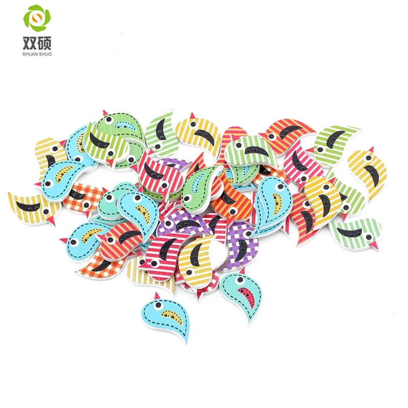 ShuanShuo Bird Style Wooden Buttons Hand Printed DIY Jewelry Colorful Mixed Wood Buttons For Hat, Shoes, Clothes 50PCS/Bag