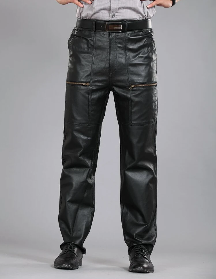 

30-40 Men's Plus Size Genuine Leather Sheepskin Leather Pants Motorcycle Pants Straight Cotton Warm Sheepskin Leather Trousers