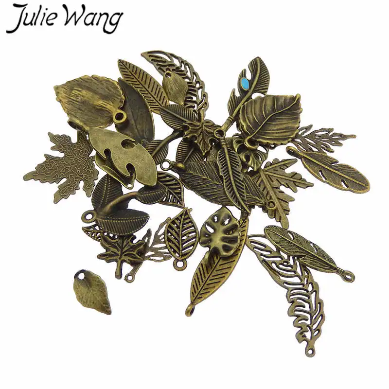 Julie Wang 10PCS Randomly Mix Vintage Leaves Charms Alloy Antique Bronze Leaf Bracelet Jewelry Making Pendant Accessory