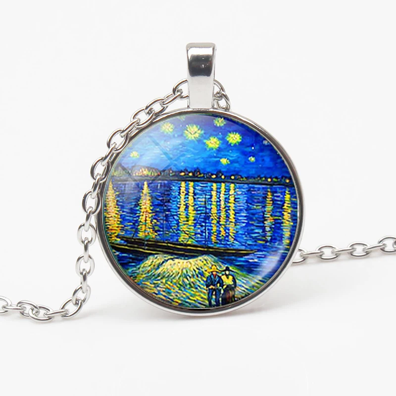 Vintage Van Gogh Oil Painting Pendant Necklace Moon Night Street Landscape Pattern Sunflower Necklace Men Women Handmade Trinket