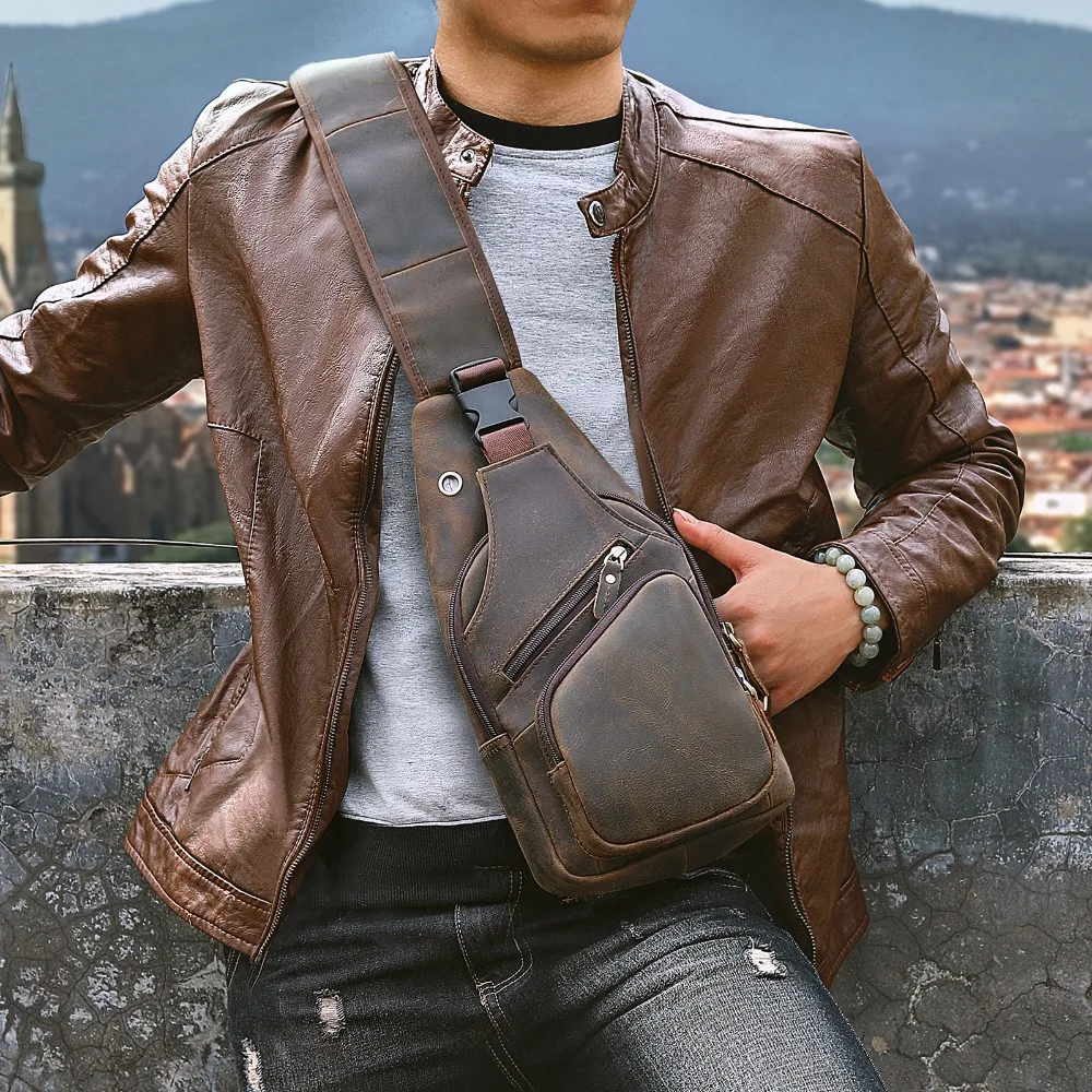 Soft Top Quality Leather Vintage Triangle Crossbody Chest Sling Bag For Men Design Travel One Shoulder Bag Daypack Male 8015