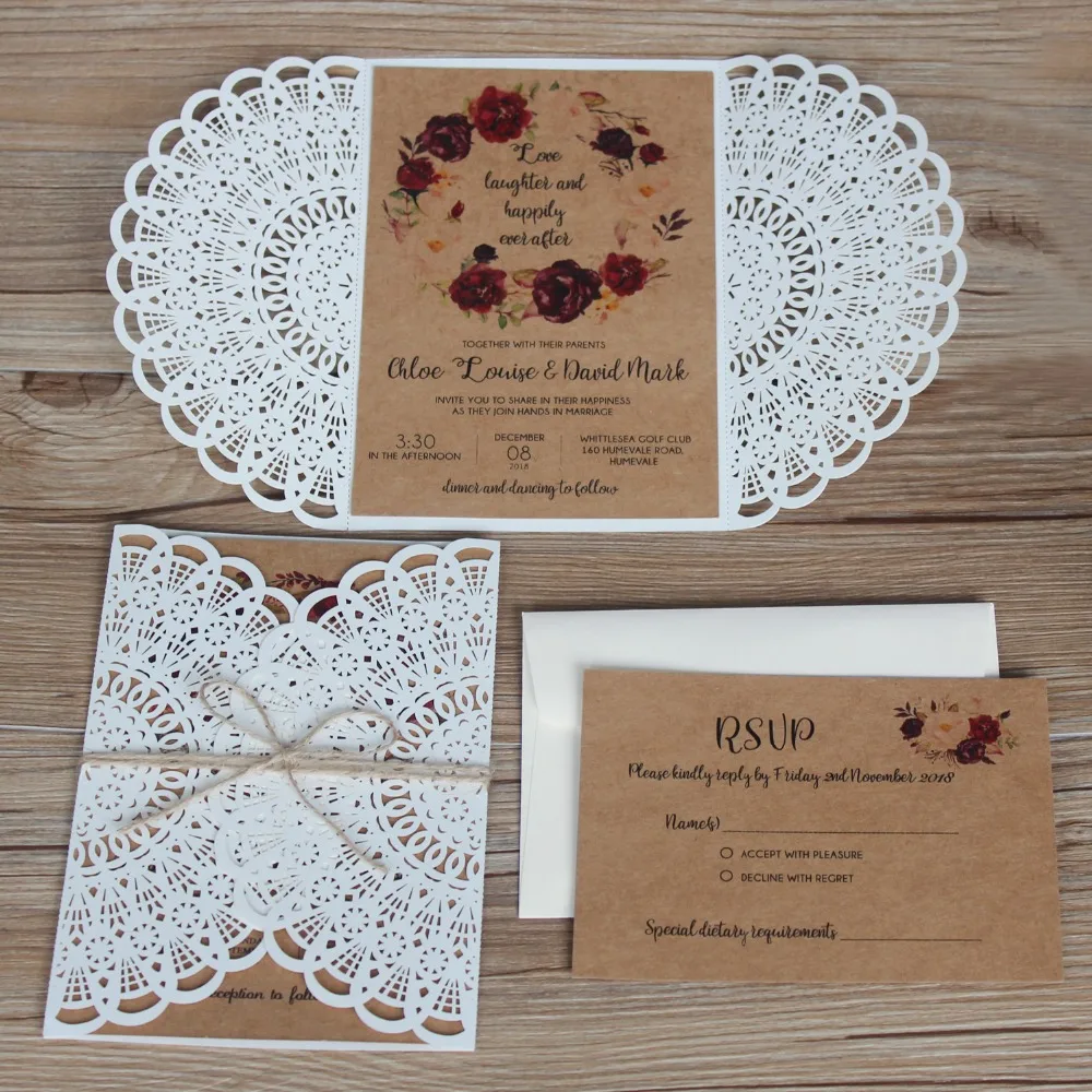 Laser Cut White Wedding Invitations Suite Kraft Paper Invitation Cards With Customized Wording - Set of 50 pcs