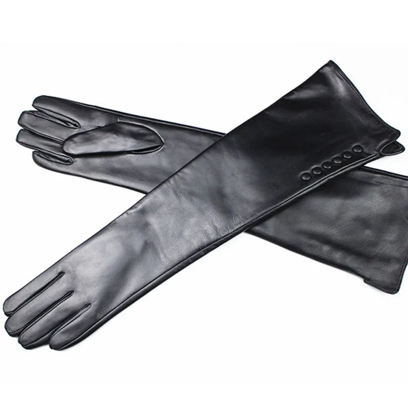 Guantes largos de piel de oveja para mujer, de piel auténtica, hasta el codo, estilo de botón a la moda, forro de terciopelo, calidez para otoño e