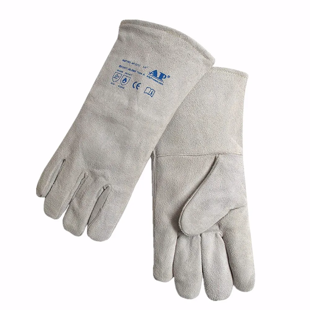 Luvas de solda mig, luvas de couro de vaca curtas de 14 "e 35cm, luvas de soldagem ce en12477