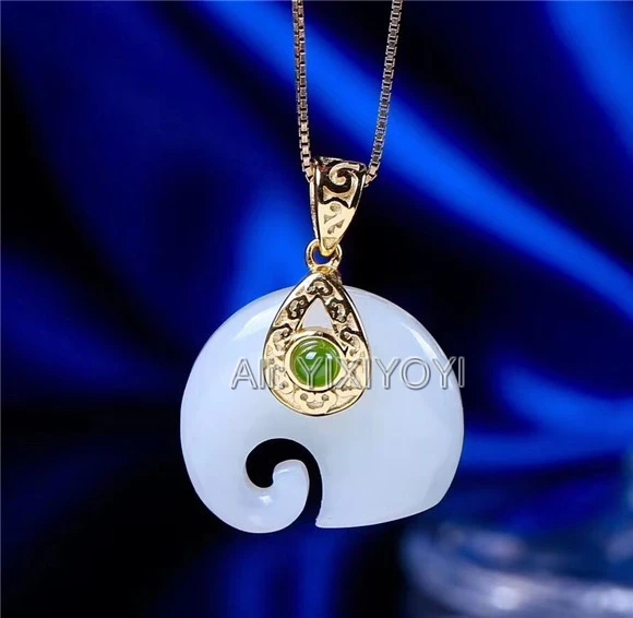 Beautiful Real 925 Silver White Green HeTian Jade Cute Elephant Style Lucky Pendant + Free Necklace Fine Jewelry Certificate