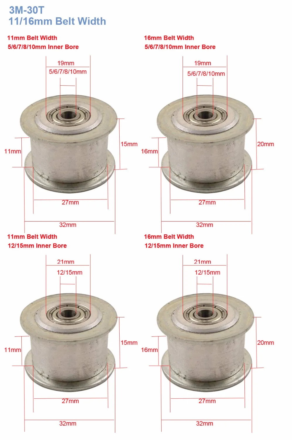 2pcs 3M 30T Timing Idler Pulley Without Teeth 5/6/7/8/10mm Inner Bore Idle Pulley 11/16mm Belt Width Bearing Synchronous Wheel