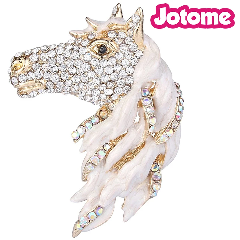 

100pcs a lot Gold-Tone Clear Austrian Crystal White Enamel Lovely Horse Head Brooch Pin