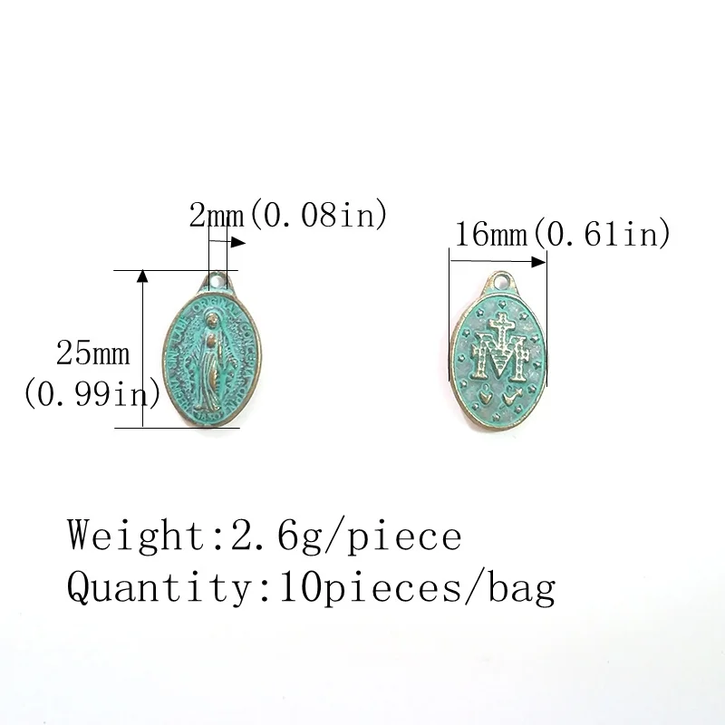 10pcs/bag Retro Patina Plated Zinc Alloy Green Oval Virgin Mary Charms 16*25MM For DIY Necklace Accessories