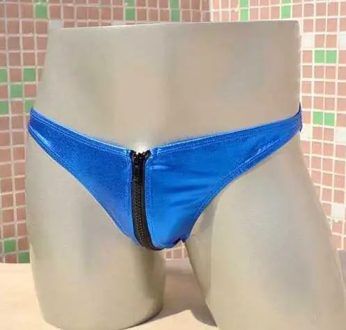 Hot Sexy Men Faux Leather Colorful Zipper Open Crotch G-string Erotic Lingerie Low Rise Waist Thong Gay Briefs FX1008