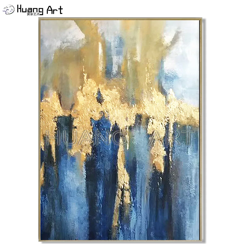 

Pop Hand-painted High Quality Modern Gold and Blue Abstract Oil Painting on Canvas for Living Room Decor Abstract Wall Painting