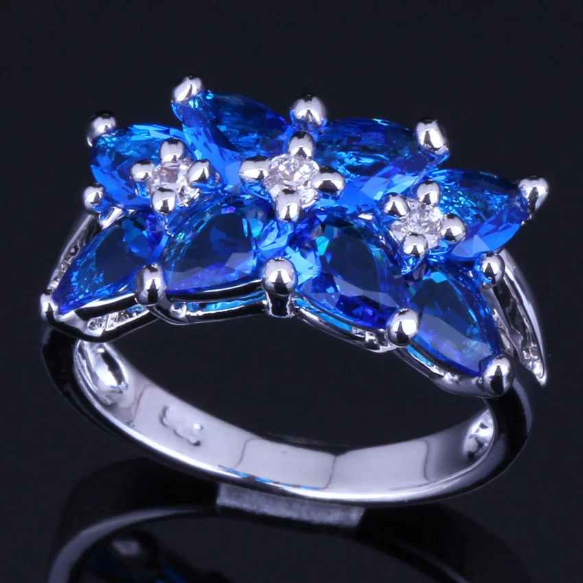 Prominent Blue Cubic Zirconia White CZ Silver Plated Ring V0085