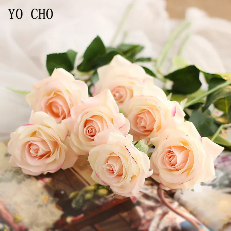 YO CHO 1 Head Pink Rose Artificial Flowers Real Touch Latex Roses Silk White Wedding Bouquet Home Garden Decoration Fake Flower