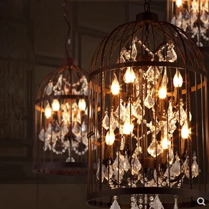 American country vintage iron bird cage chandelier retro villa staircase crystal pendant lamp home deco rust iron light fixture