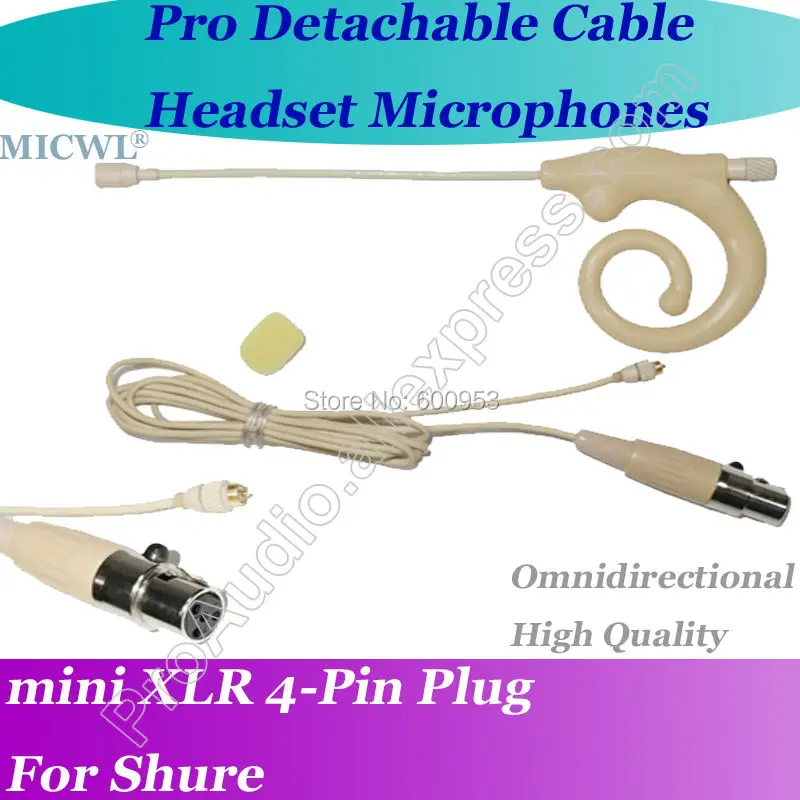 

Detachable Cable Pro ear hook Headset Microphone for Shure Wireless with 4Pin XLR mini connector