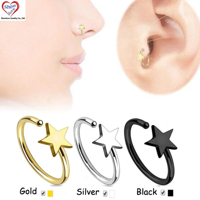 Showlove-4Pcs Star Nose Hoop Rings Mixed 6mm&8mm&10mm&12mm Ear CartilageTragus Piercing 20g Body Jewelry