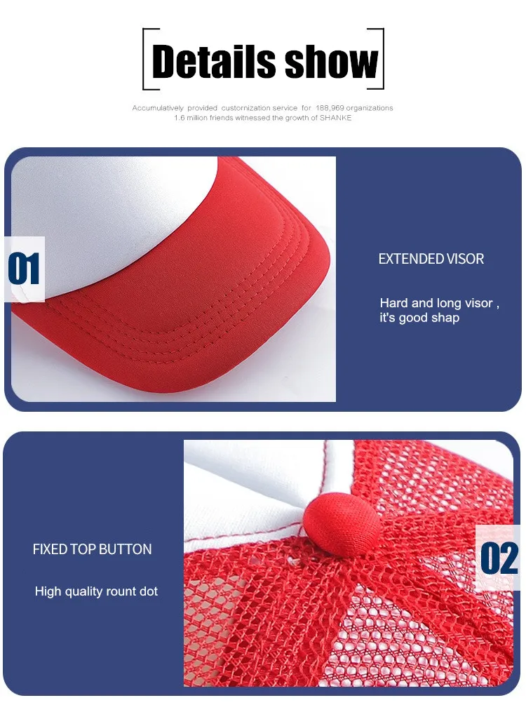 1-teilige Sommer-Trucker-Mütze mit individuellem Logo für Männer und Frauen, Netz-Polyester-Baseballkappe, bedrucktes Netz, Papa-Hüte, verstellbares Sonnenhut-Visier – Detail 10