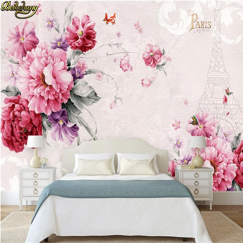 beibehang Custom Photo Wallpaper Large Mural Wall Sticker Handmade Beautiful Flower Paris Tower Bedside Mural Background Wall