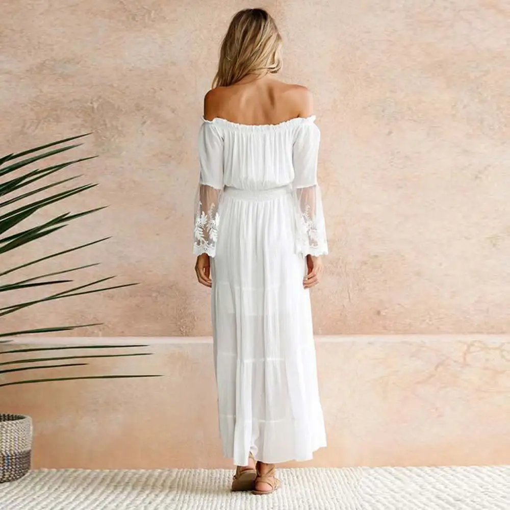 WildPinky Summer Sundress Women White Beach Dress Strapless Long Sleeve Loose Sexy Off Shoulder Lace Boho Chiffon Maxi Dress