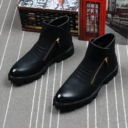 CuddlyIIPanda Luxury Designer Men Leather Ankle Boots Fashion Leather Chelsea Boots British Side Zipper Pointed Toe Male Shoes