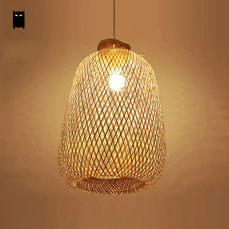 Bamboo Wicker Rattan Bag Pendant Light Fixture Rustic Asian Chinese Style Hanging Lamp Avize Luminaria Indoor Home Dining Room