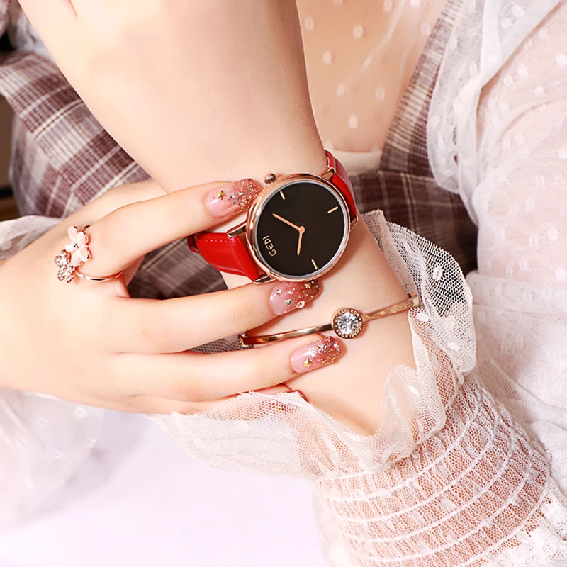 GEDI 2019-ساعة كوارتز بحزام جلدي للنساء ، كرونوغراف بسيط ، أنثوي ، عصري