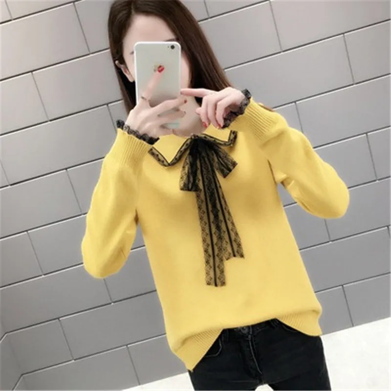 Women pullover sweater new casual spring autumn women solid color decoration Lace work office sweater Slim knitt sweaters A278