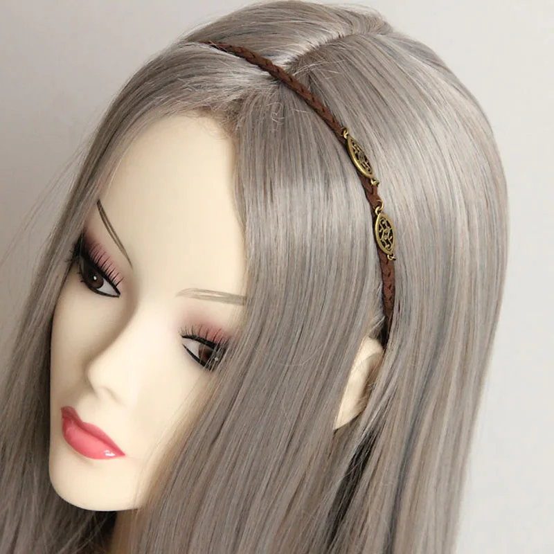 Women's Girl Ethnic Retro Handmade Floral Bronze Metal Brown Elastic Braided Hair Band Headband Hairband Strand Retro Vintage